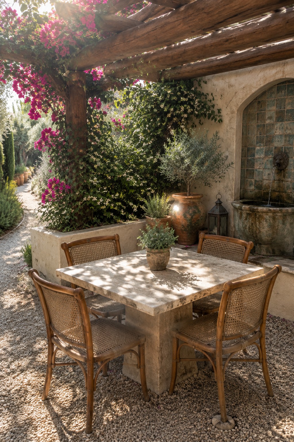 A rustic cedar pergola shades a square stone dining table with four cane-back chairs on a gravel patio beside a tiled fountain and flowering vines.