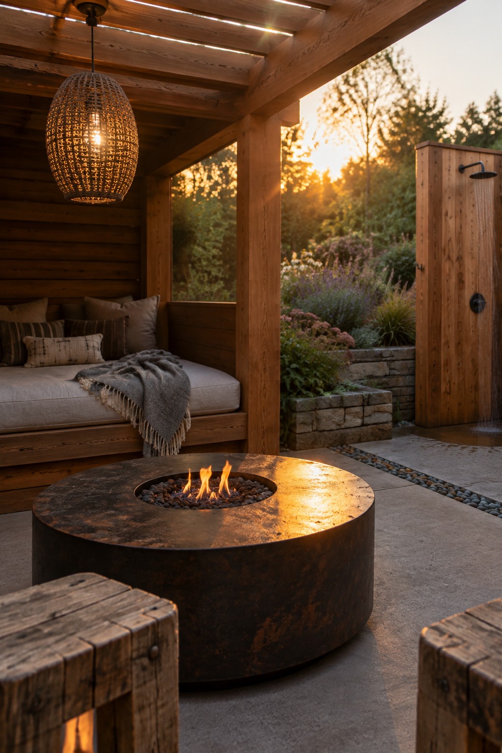 Round fire pit burning on wooden patio with hanging lantern, daybed, and outdoor shower at sunset