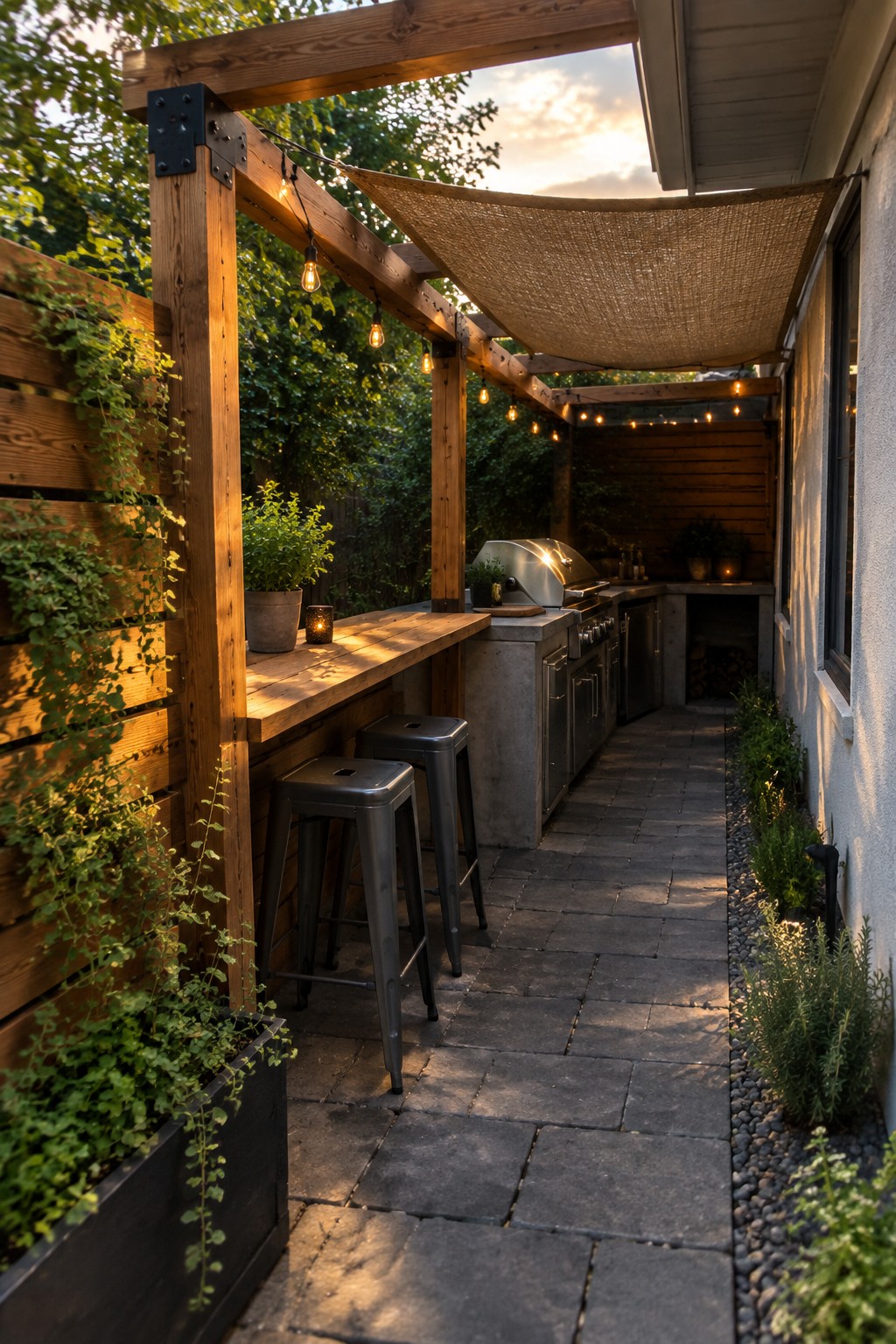 Wooden outdoor bar with metal stools under string-lit pergola and shade sail at dusk