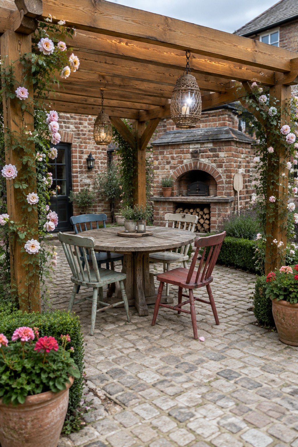 A wooden pergola with climbing pink roses covers a round wooden table and four mismatched painted chairs on a cobblestone patio, with hanging woven lanterns and a brick outdoor oven visible in the background.