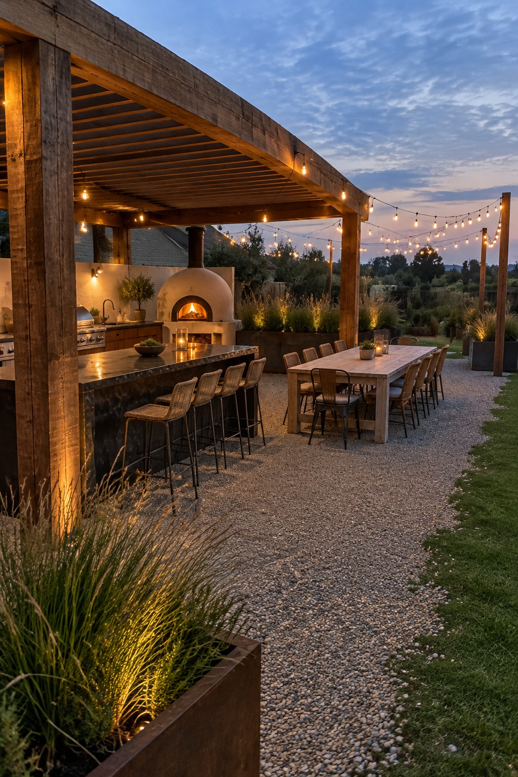 Outdoor kitchen with pizza oven, bar, and long dining table under string-lit pergola at dusk