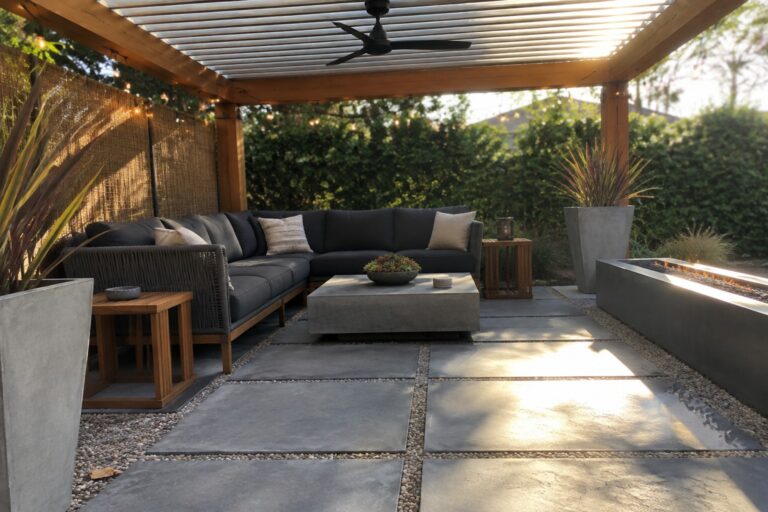 21 Sophisticated Wooden Pergola Ideas Featuring Louvered Roofs A wooden pergola with a louvered roof shades a patio seating area featuring a dark sectional sofa, concrete coffee table, and long fire pit.