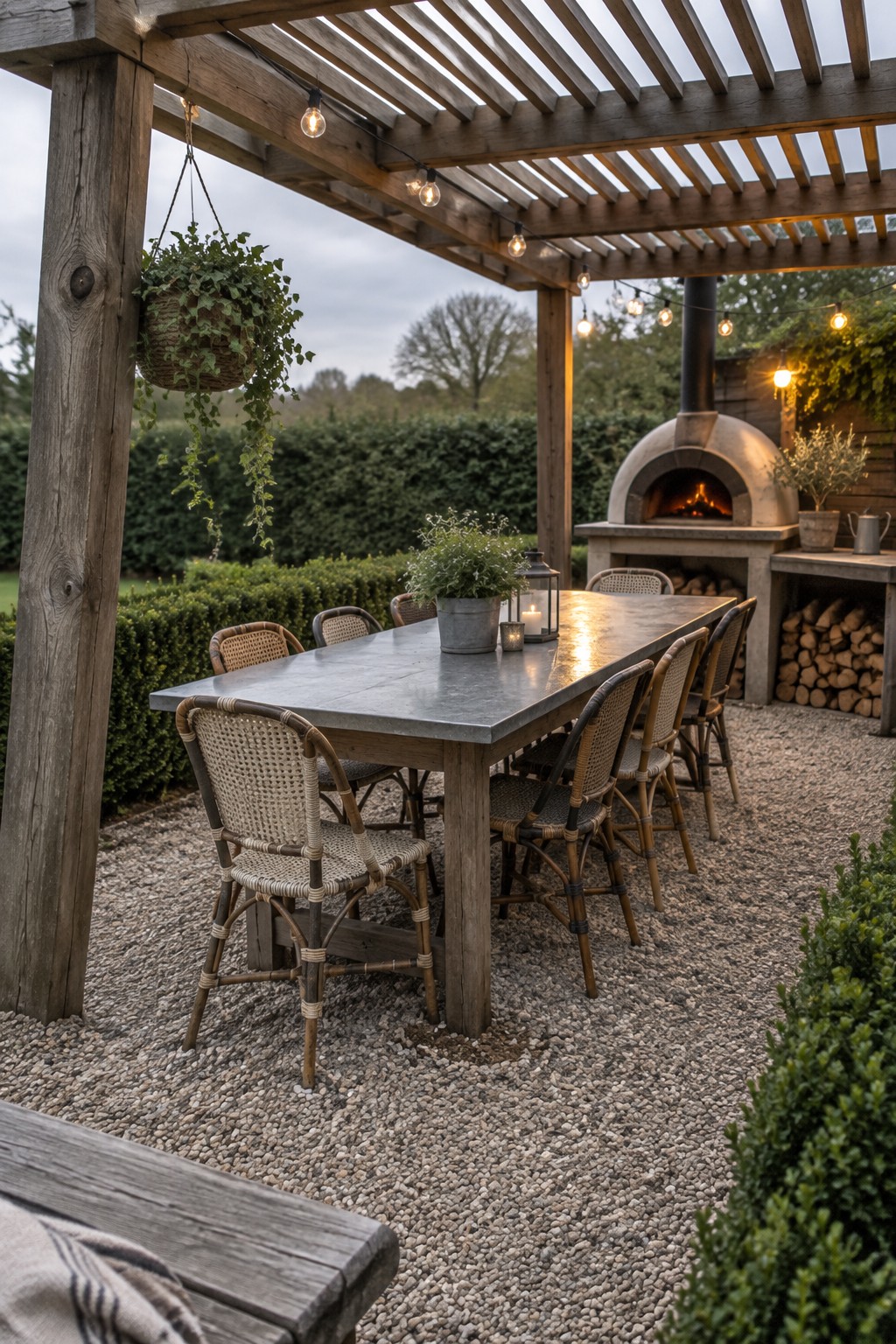 A wooden pergola with a louvered roof shelters a long dining table and woven chairs on a gravel patio beside a stone pizza oven.