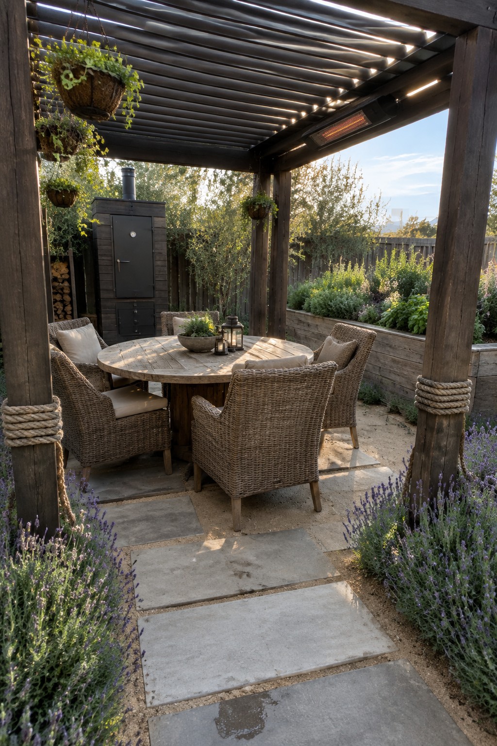 A wooden pergola with a louvered roof shelters a round dining table and four wicker chairs on a stone patio, with hanging plants, a mounted heater, and lavender borders along a garden path.