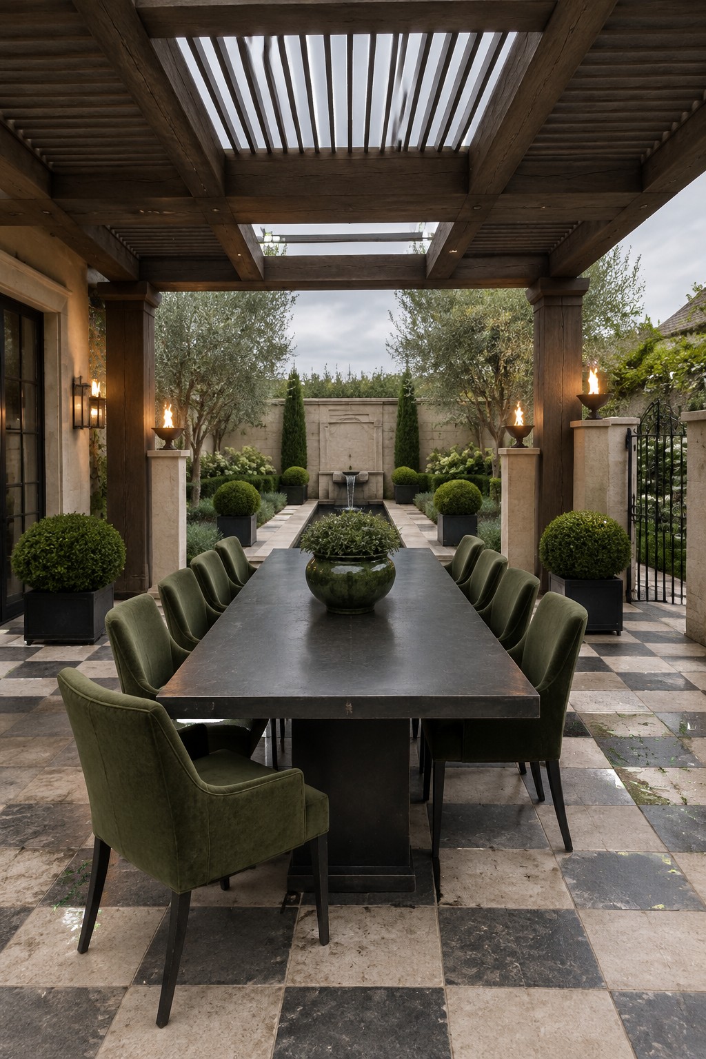 Long dark table with green velvet chairs and central vase on checkered stone patio