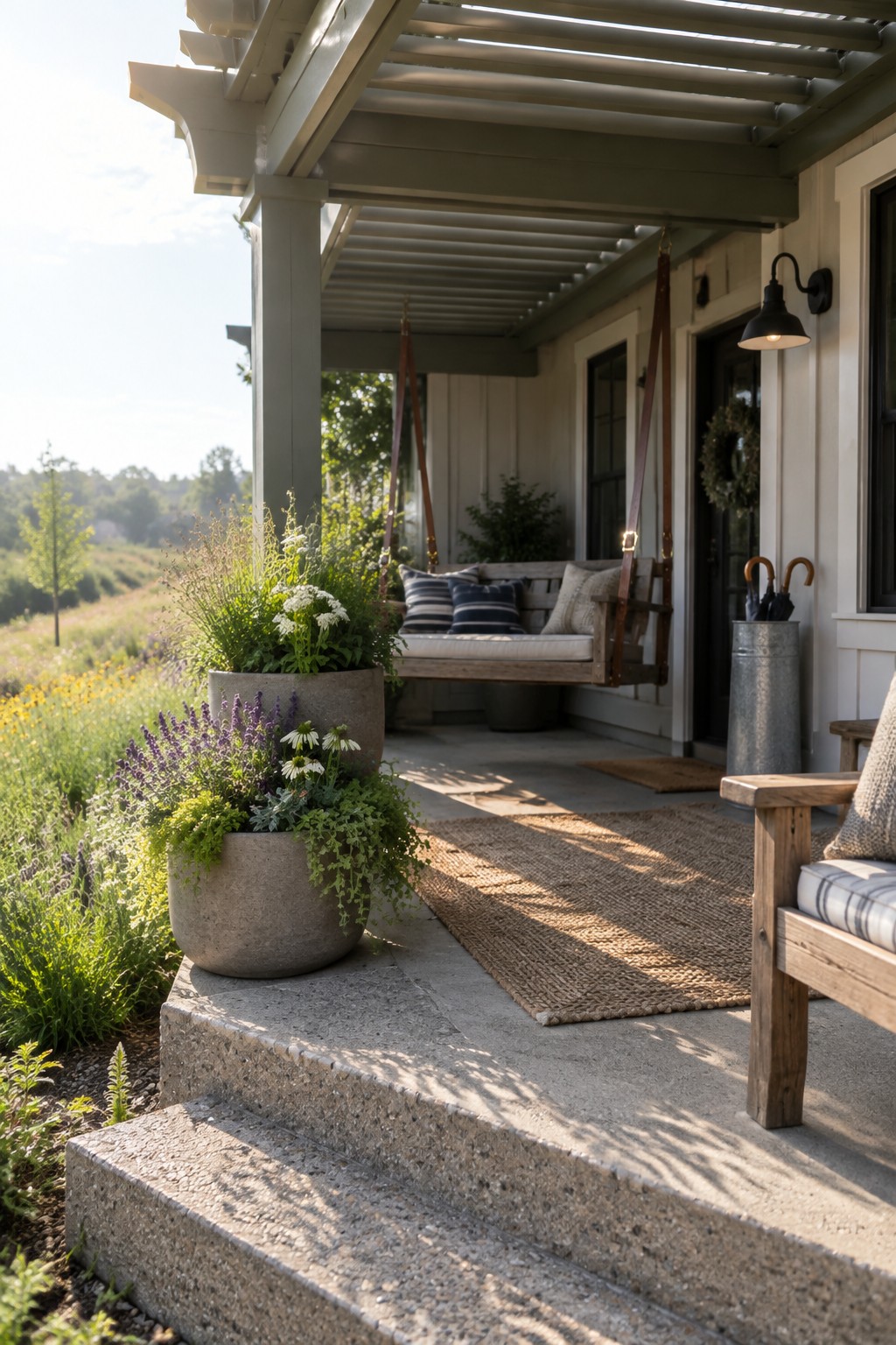 A front porch with a green wooden pergola featuring a louvered roof, a hanging swing bench with striped pillows, concrete steps holding two large potted plants, and a metal umbrella stand near the front door.