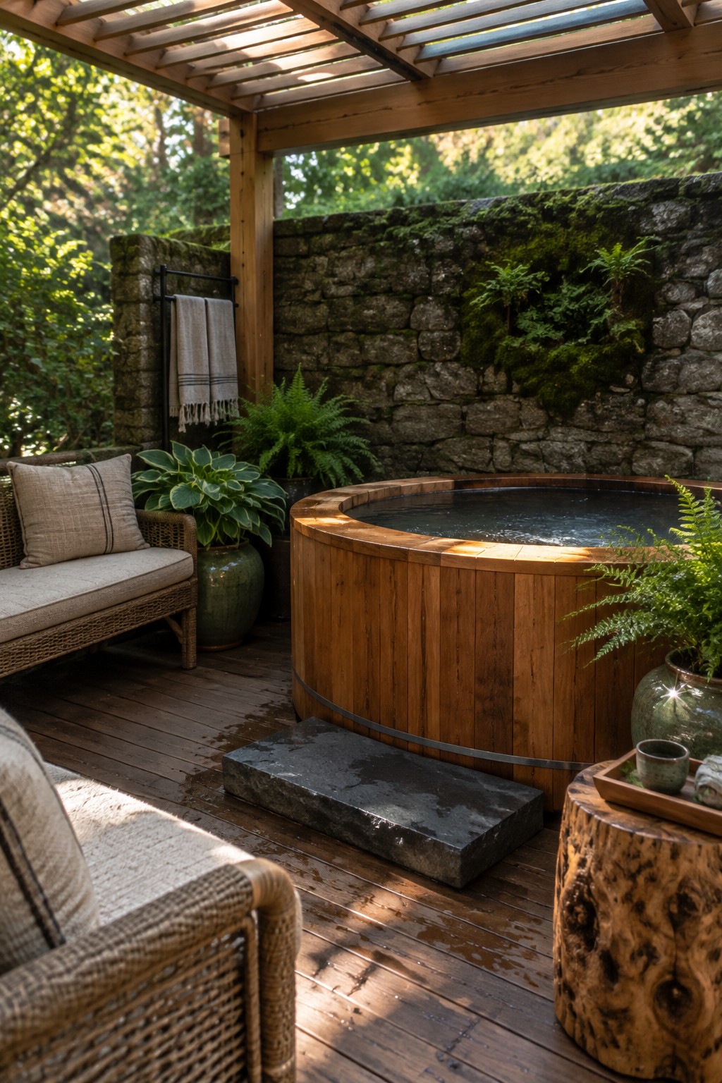 A round wooden hot tub under a slatted wooden pergola on a wet deck, next to a moss-covered stone wall with ferns and two woven chairs with cushions.