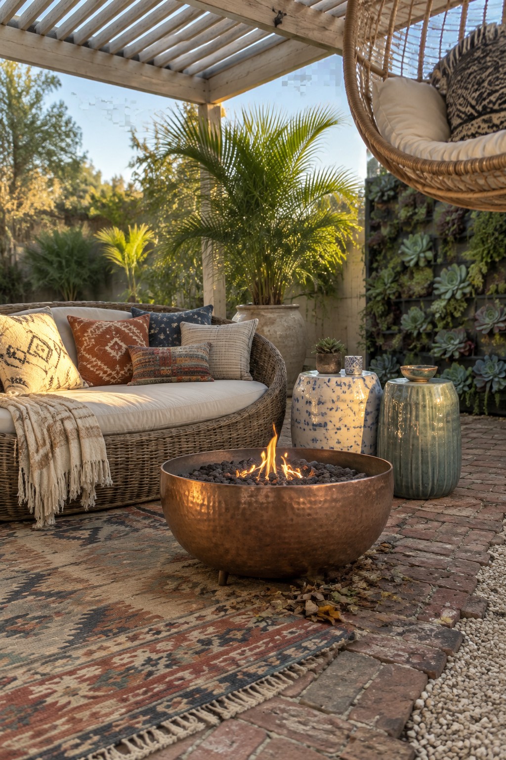 A wooden pergola with a louvered roof covers an outdoor patio with a round copper fire pit, a curved wicker sofa with patterned pillows, a hanging chair, and ceramic side tables on a brick surface.