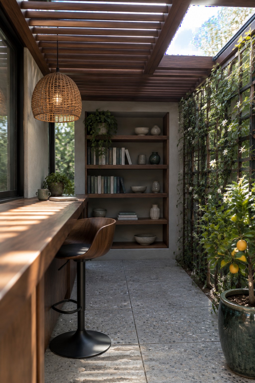 An outdoor covered bar area with a wooden louvered pergola roof, long wooden counter, modern stool, built-in shelves with books and pottery, and a vertical garden wall with a potted lemon tree.