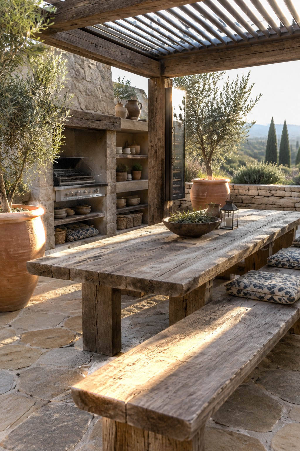 A rustic wooden pergola with louvered roof covers a long plank dining table and benches on a stone patio beside a built-in stone grill and large terracotta pots.