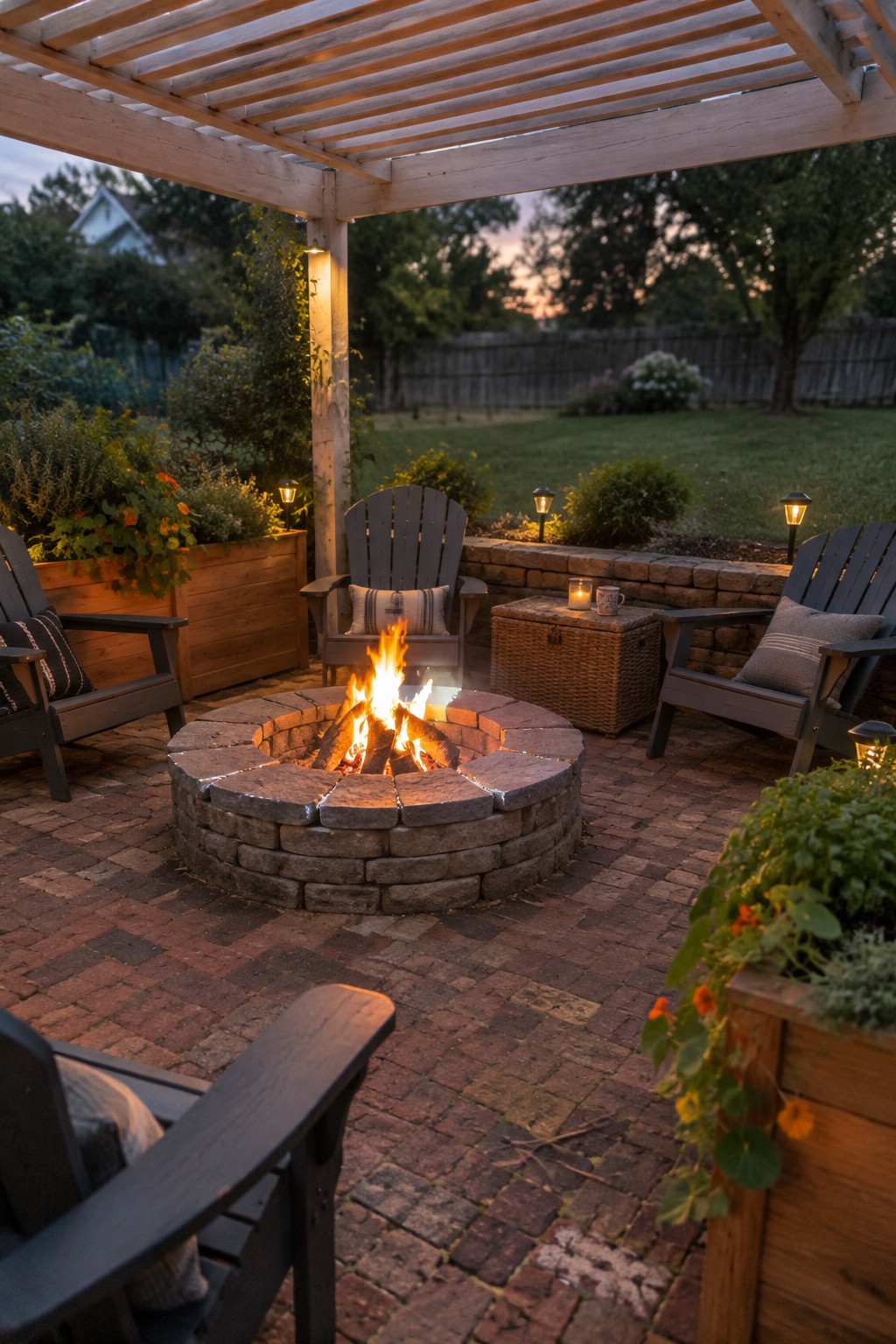 Stone fire pit ablaze on brick patio under wooden pergola with Adirondack chairs at dusk