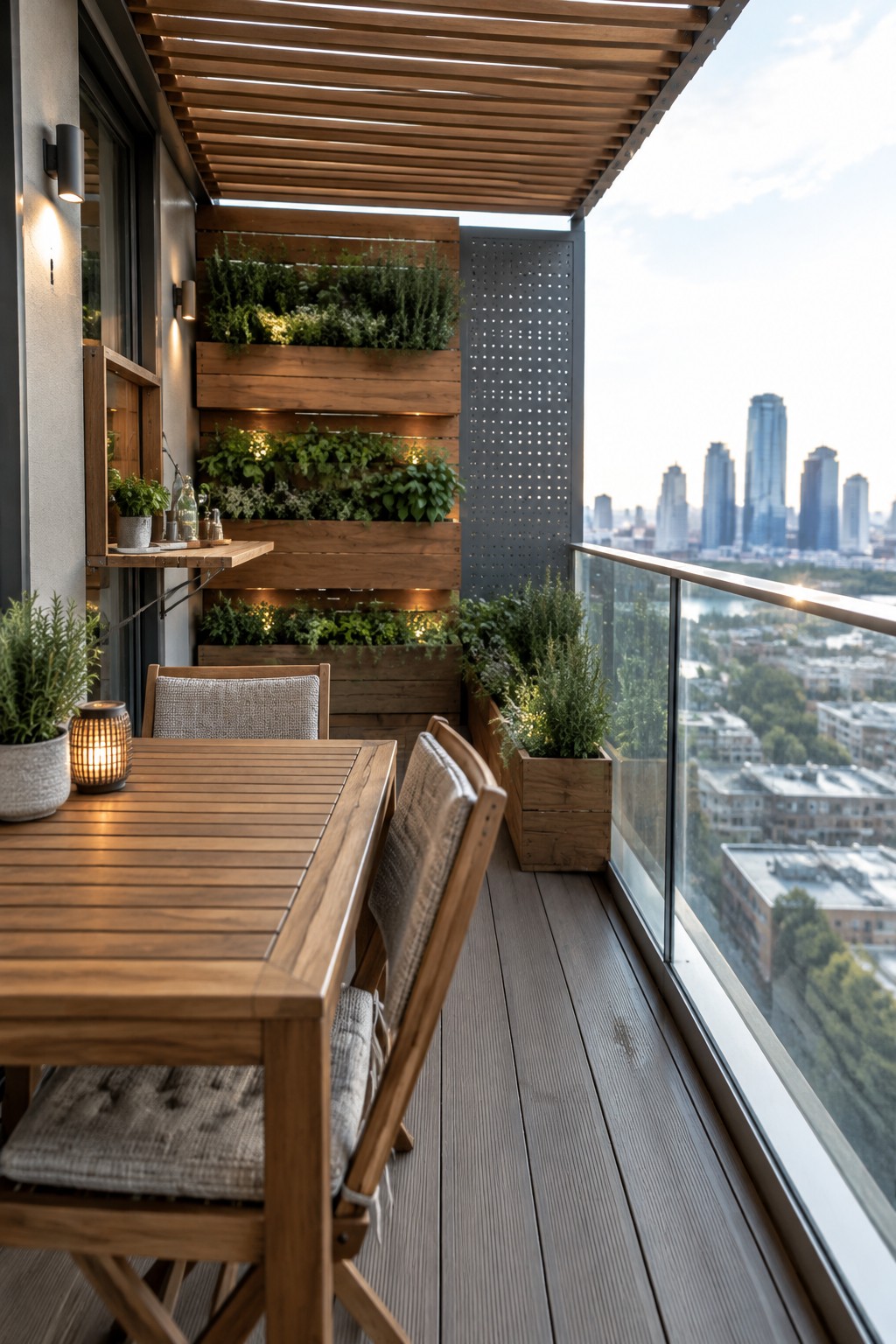 Wooden balcony dining table with chairs, vertical gardens, and city skyline view.