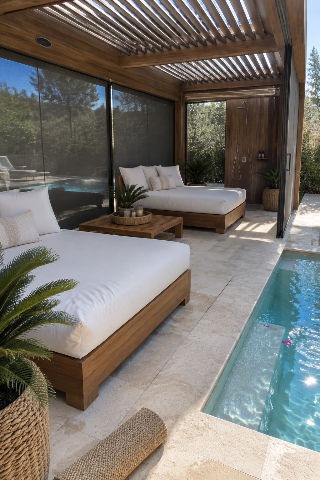Outdoor wooden pergola with louvered roof over two daybeds beside a narrow pool, with an outdoor shower visible in the background.