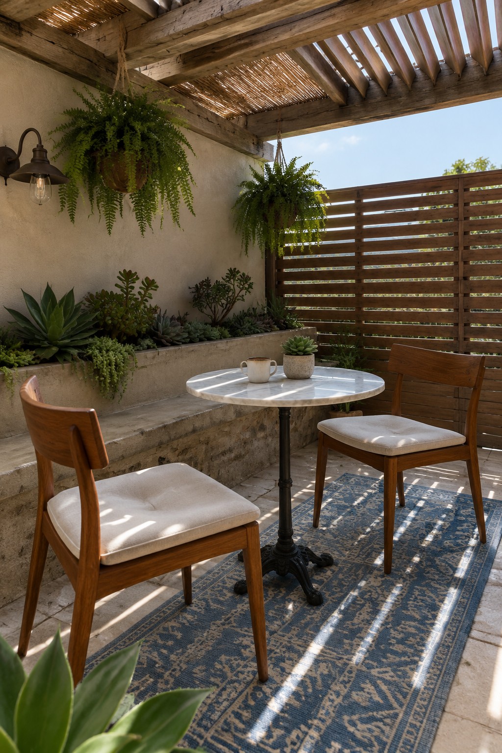 An outdoor patio under a wooden pergola with a louvered roof, two wooden chairs around a round table on a blue patterned rug, and hanging plants along a stucco wall with a wooden privacy screen.