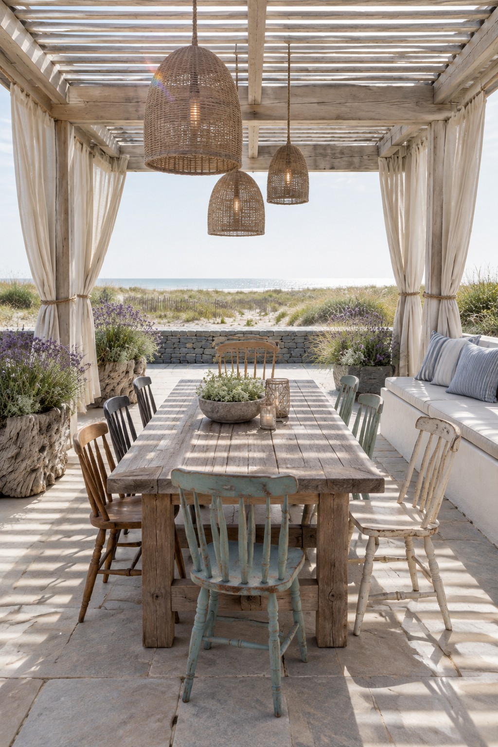 Rustic wooden table with mismatched chairs under pergola overlooking ocean and dunes