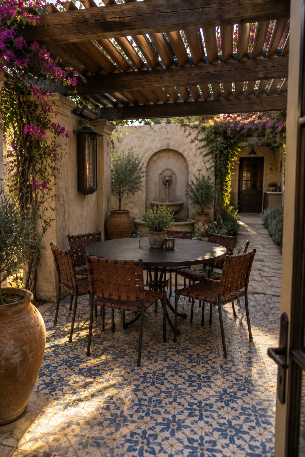 Round table with woven leather chairs on blue tiles under flower-covered pergola