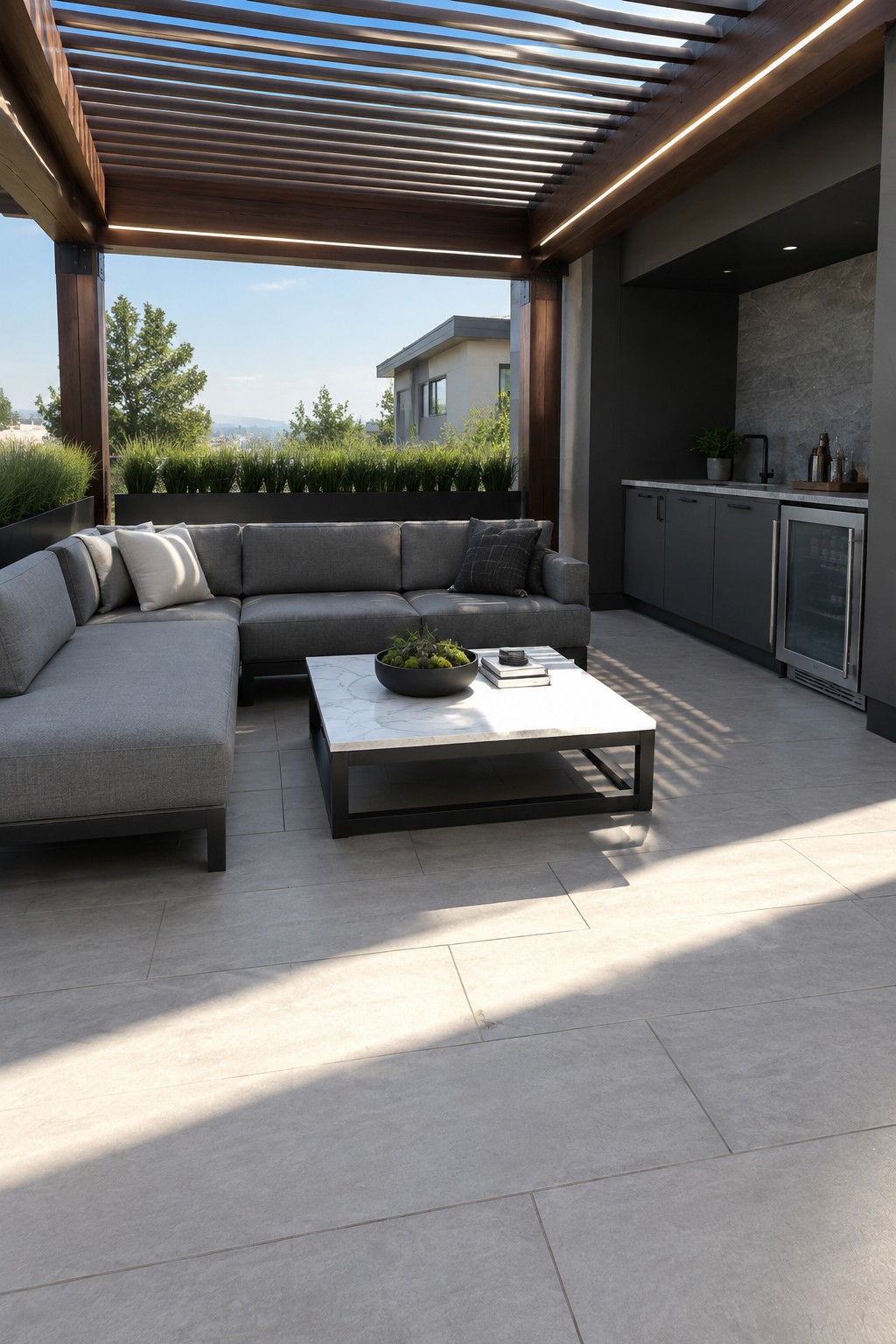 Modern gray sectional sofa and marble coffee table on sunny tiled patio under wooden pergola