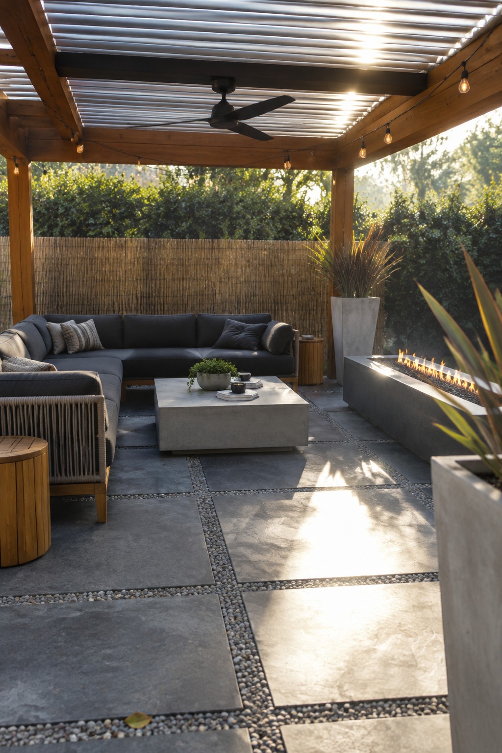 A wooden pergola with a louvered roof shades a patio seating area featuring a dark sectional sofa, concrete coffee table, and long fire pit.