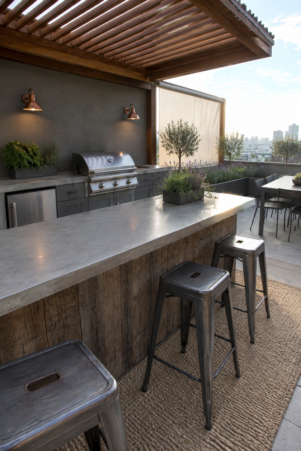 An outdoor bar counter with metal stools under a wooden louvered pergola roof on a rooftop terrace with a grill and city view.