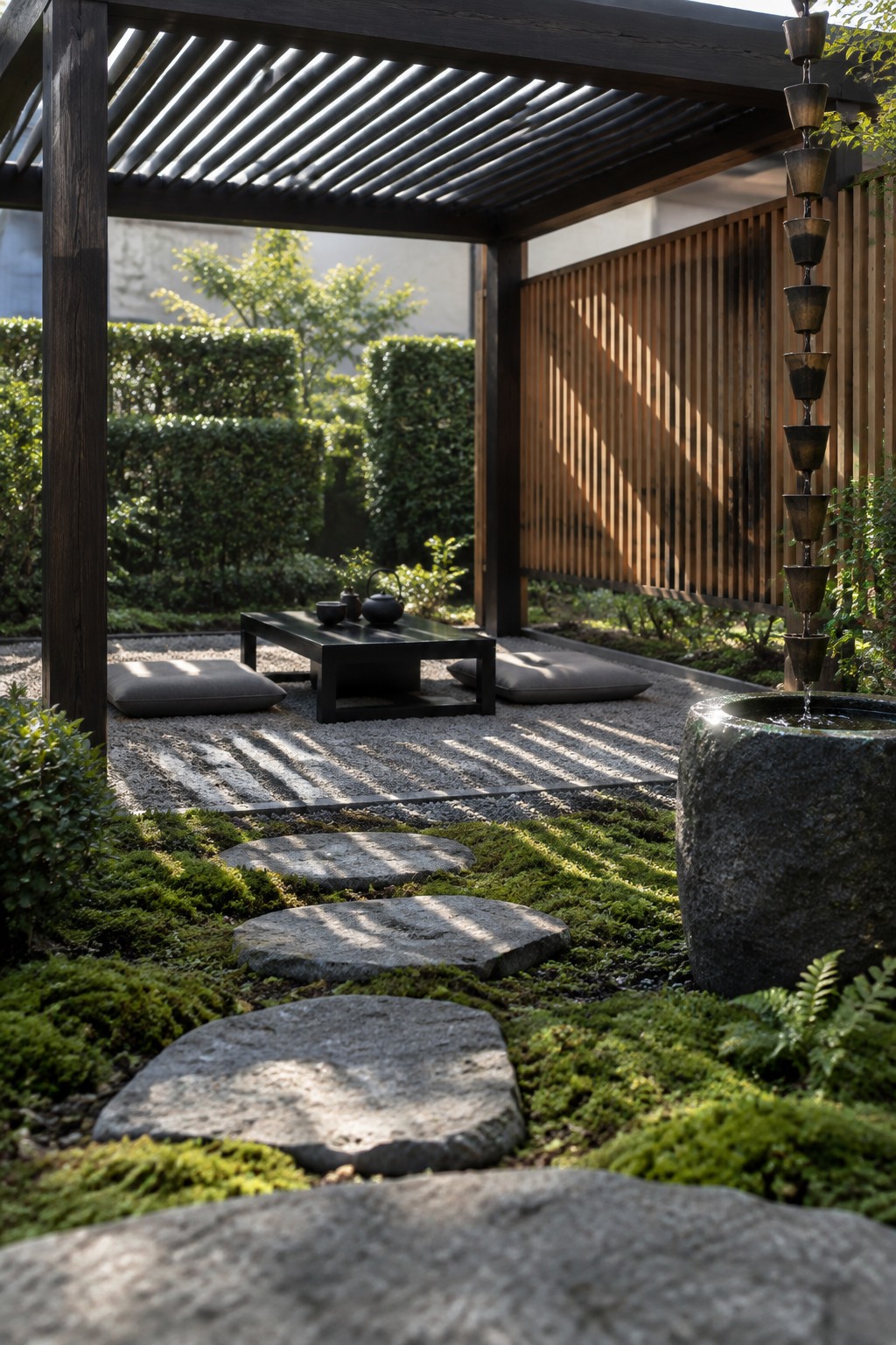 A wooden pergola with a louvered roof over a gravel seating area with low cushions and a table, next to a stone path through moss and a tall stone water feature.