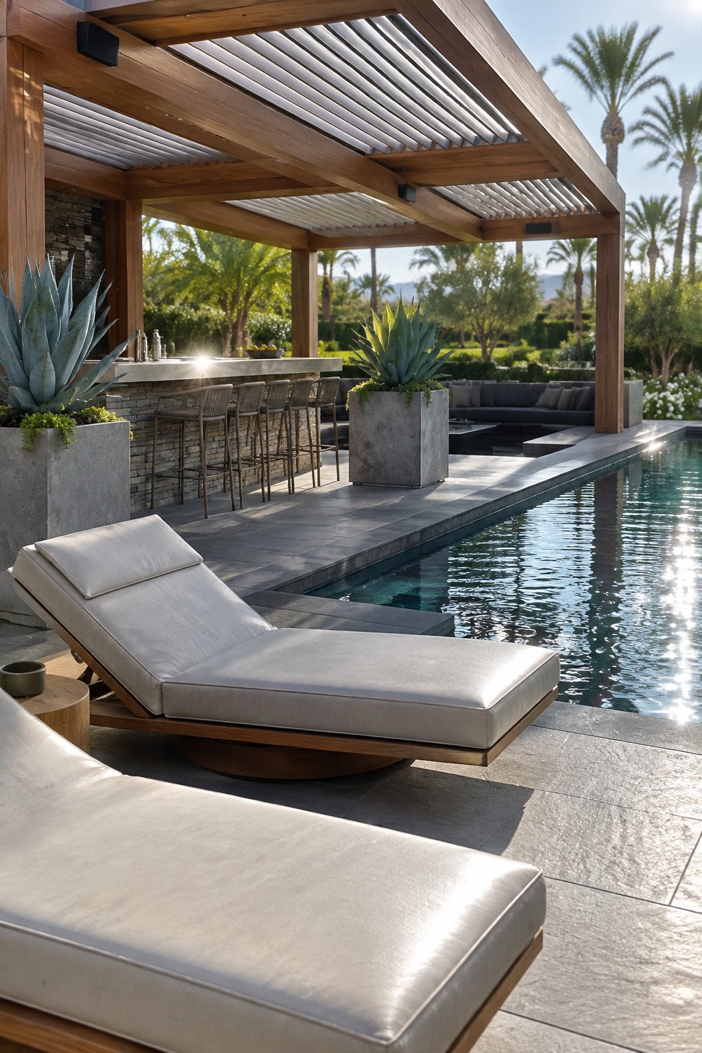 Modern chaise lounges beside pool under wooden pergola with bar and agave plants.