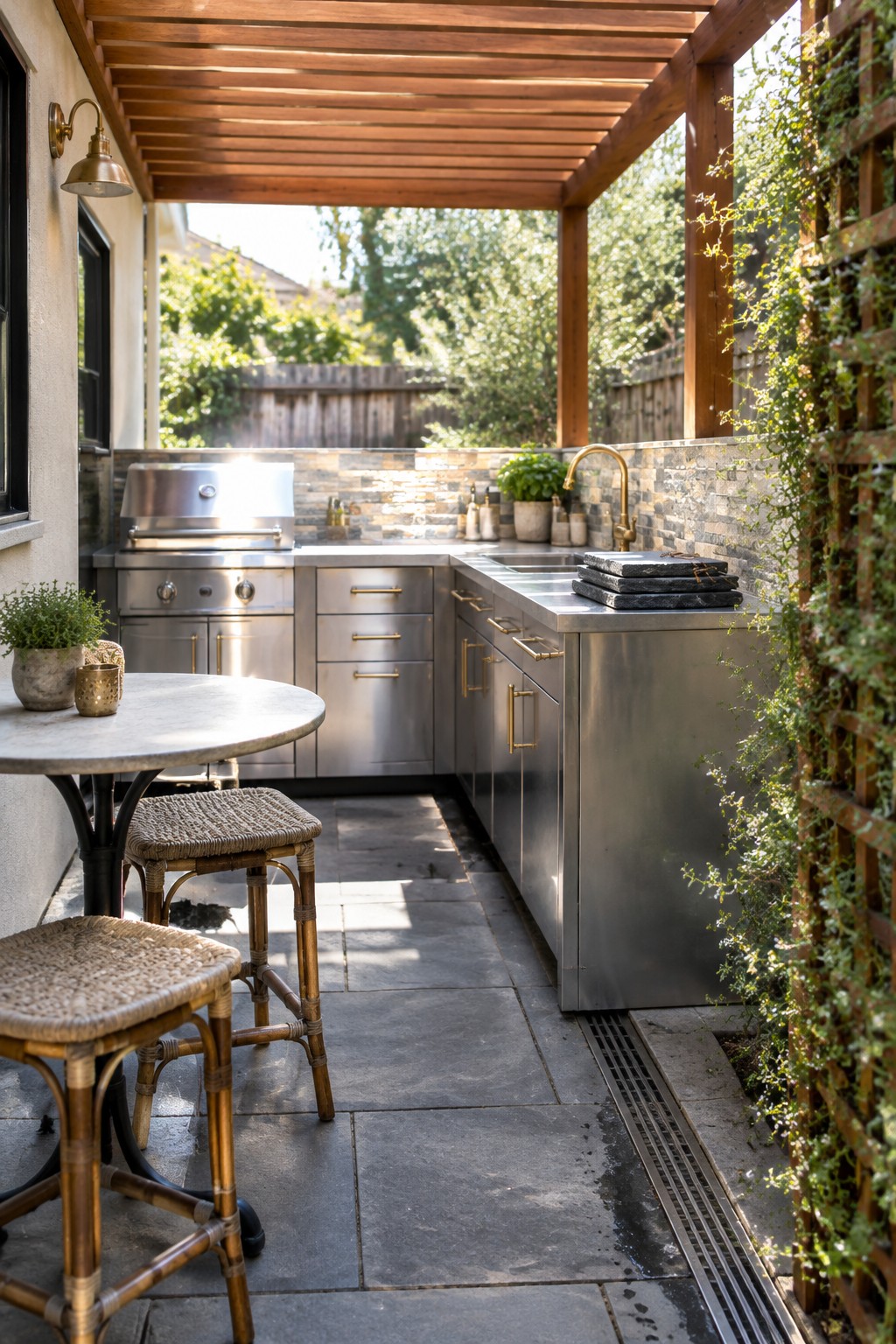 An outdoor kitchen with stainless steel appliances sits beneath a wooden slatted pergola, next to a round stone table with woven stools on gray pavers.