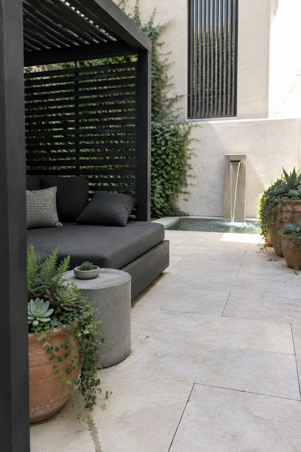 A black wooden pergola with horizontal slats shades a dark cushioned daybed on a light stone patio beside a small pool and terracotta pots with succulents.