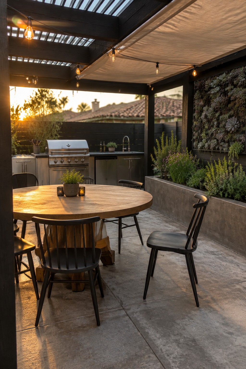 Outdoor patio under a black wooden pergola featuring a round wood dining table with black spindle chairs, an outdoor kitchen with stainless appliances, string lights, and a concrete planter with vertical succulent garden.