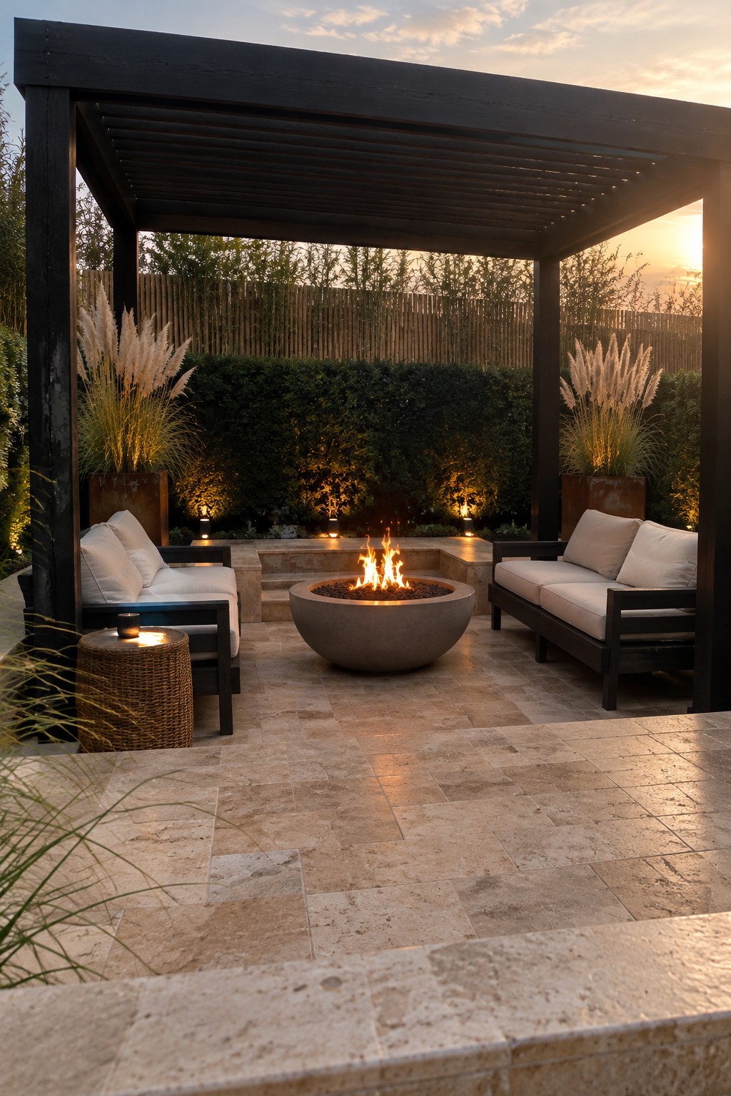 Modern patio with fire pit, white sofas, and potted grasses under dark pergola at sunset