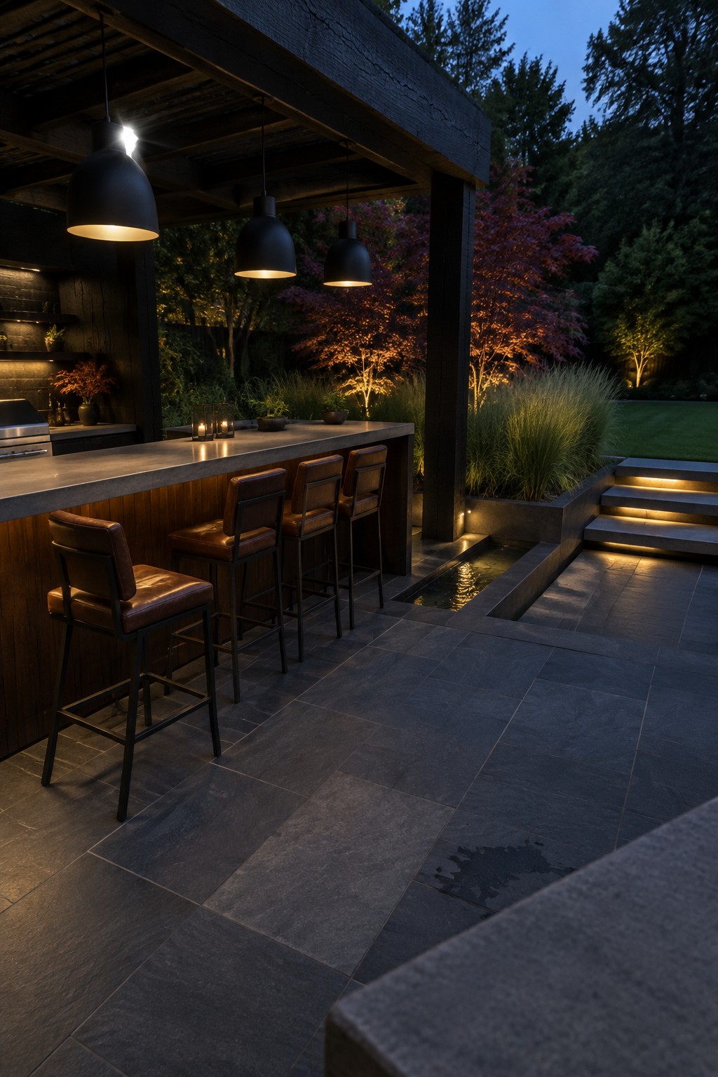 An outdoor bar with a dark wood pergola, concrete counter, four brown leather bar stools, and three black pendant lights over a stone patio at dusk.