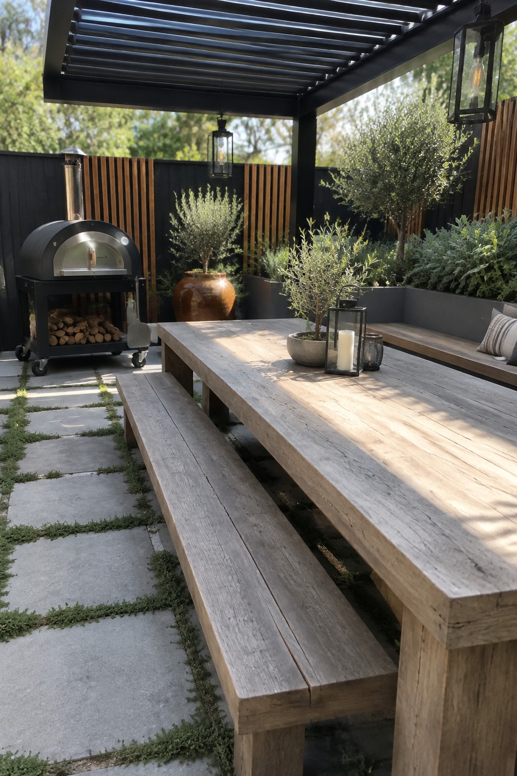 A black slatted pergola shades a long wooden dining table with benches on a stone patio, with a black pizza oven and potted plants visible nearby.
