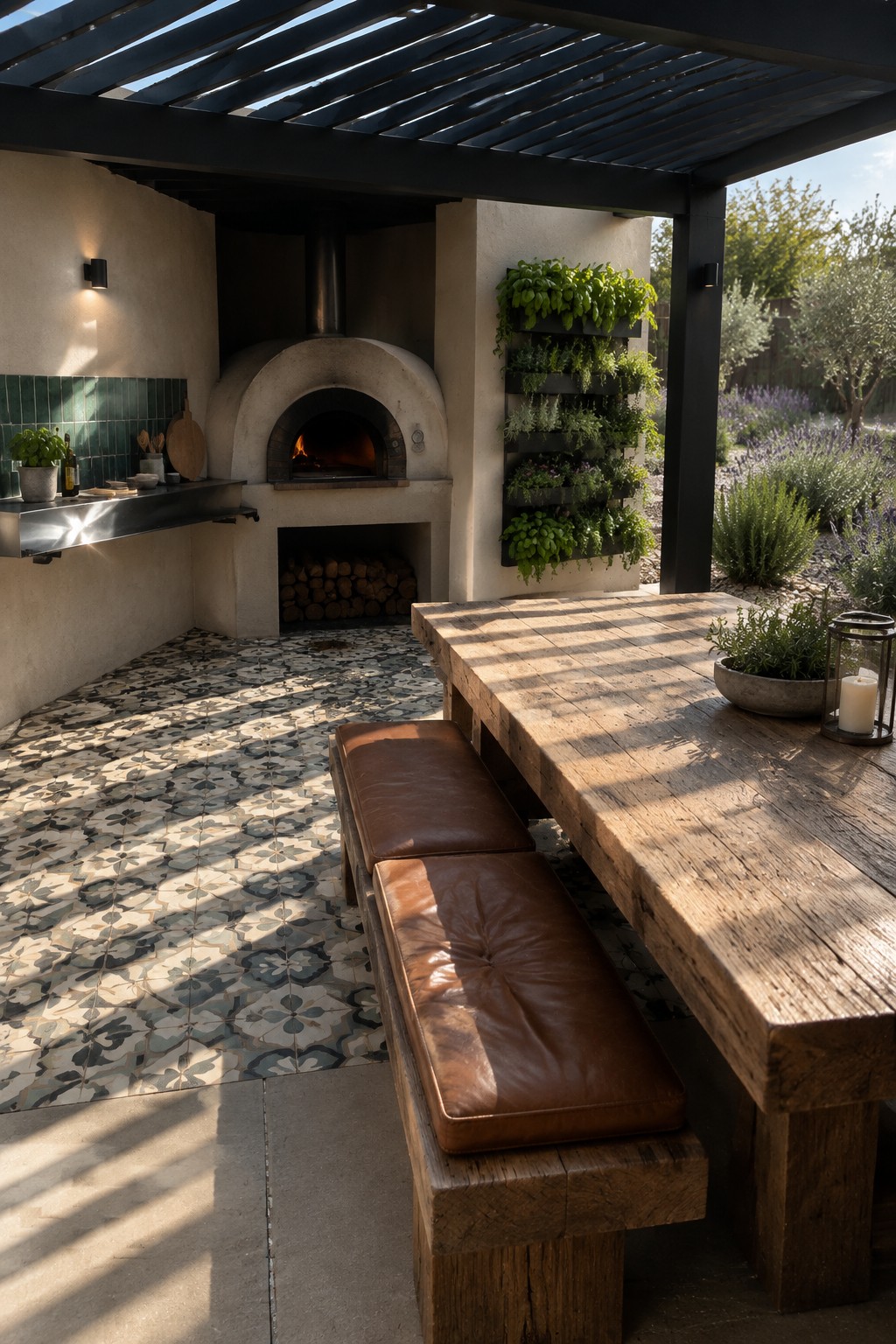 An outdoor covered patio with a black wooden pergola, a stone pizza oven, a long wooden table with brown leather benches, patterned tile flooring, and a vertical herb garden on the wall.