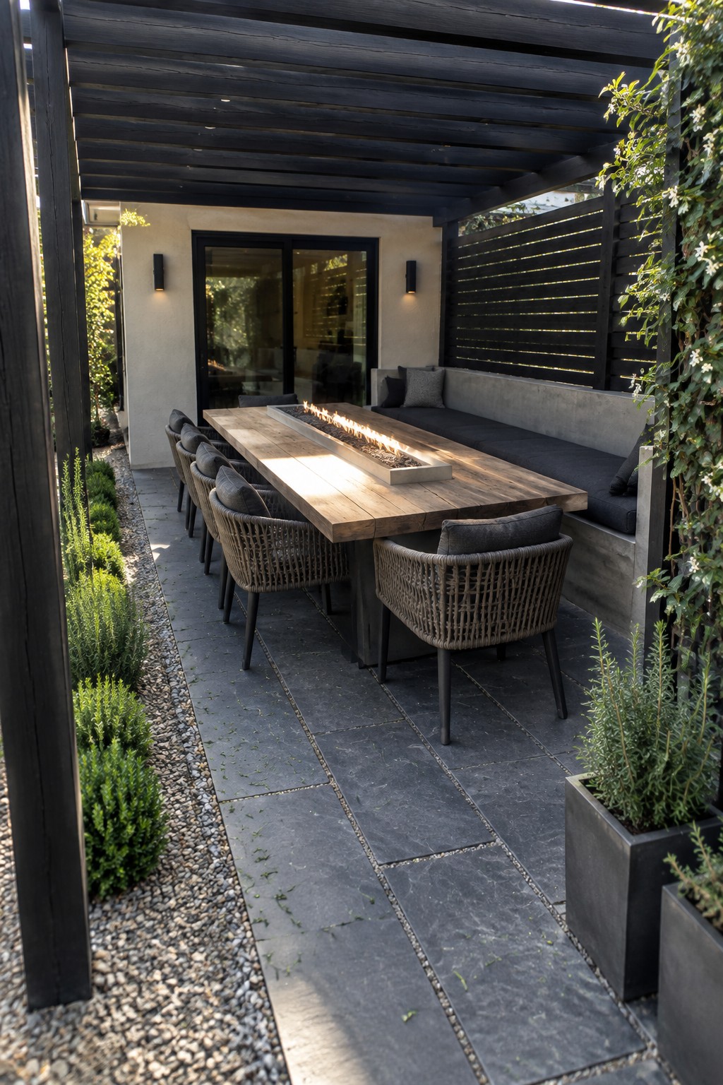 Modern patio with long wooden table, lit fire pit, woven chairs under dark pergola