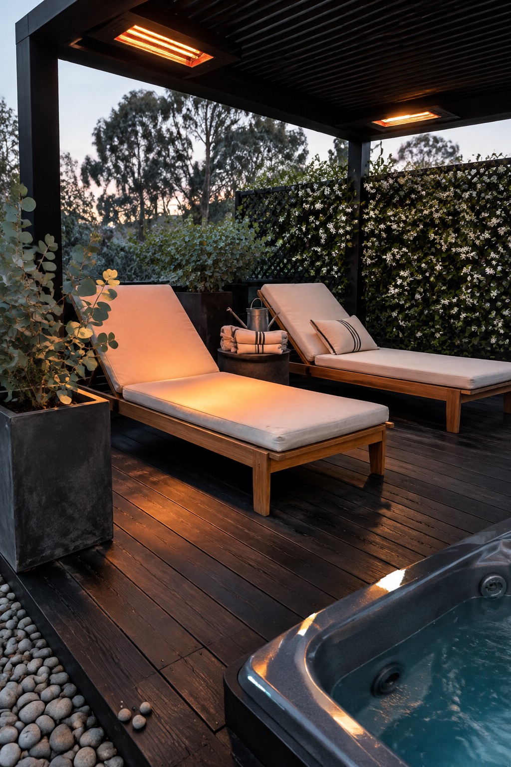 Two lounge chairs with light cushions sit under a black wooden pergola fitted with glowing infrared heaters on a dark deck next to a hot tub.