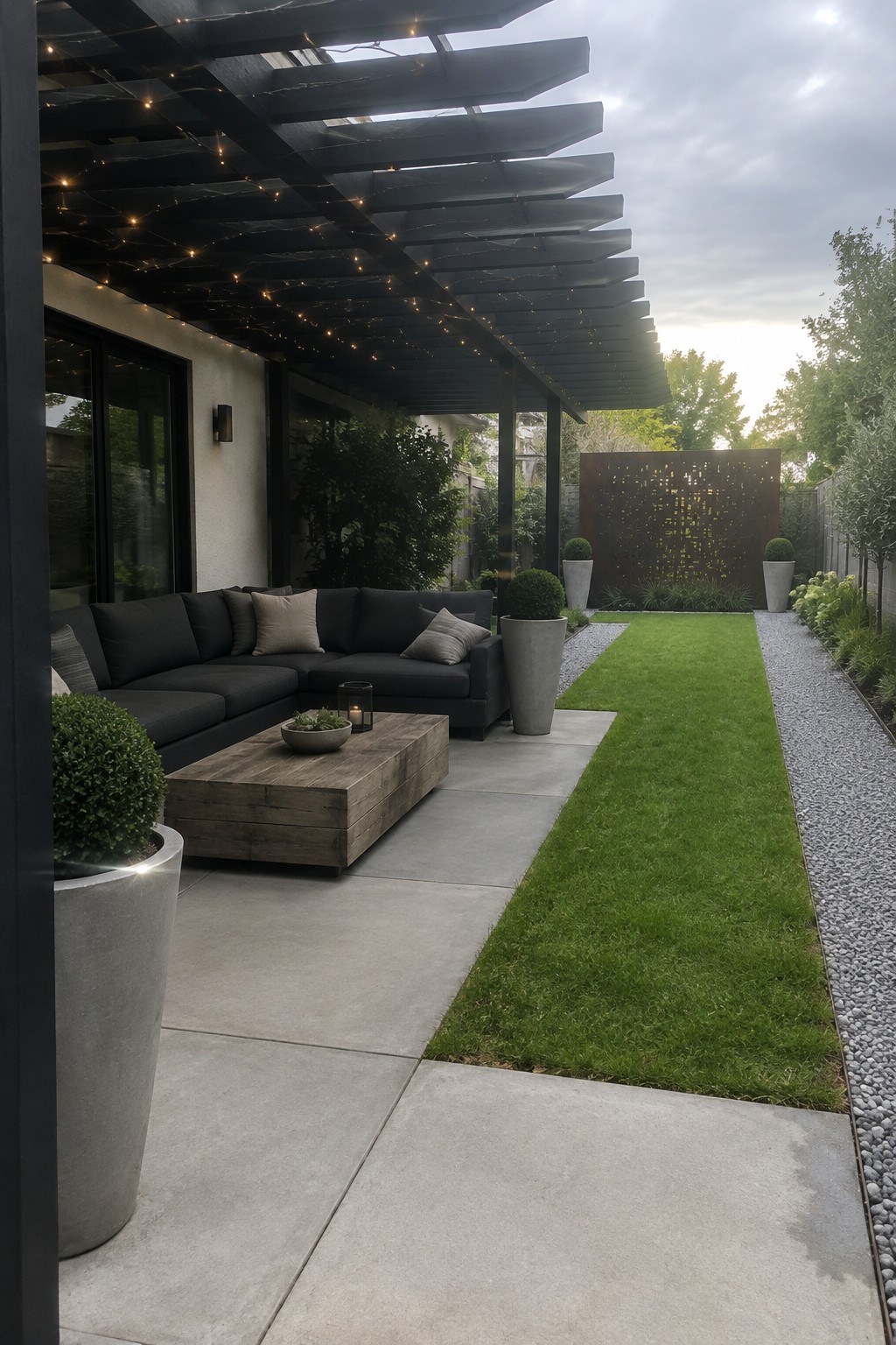 A contemporary backyard patio under a black wooden pergola with string lights, featuring a dark sectional sofa, wooden coffee table on concrete pavers, and a narrow lawn bordered by gravel and potted plants.