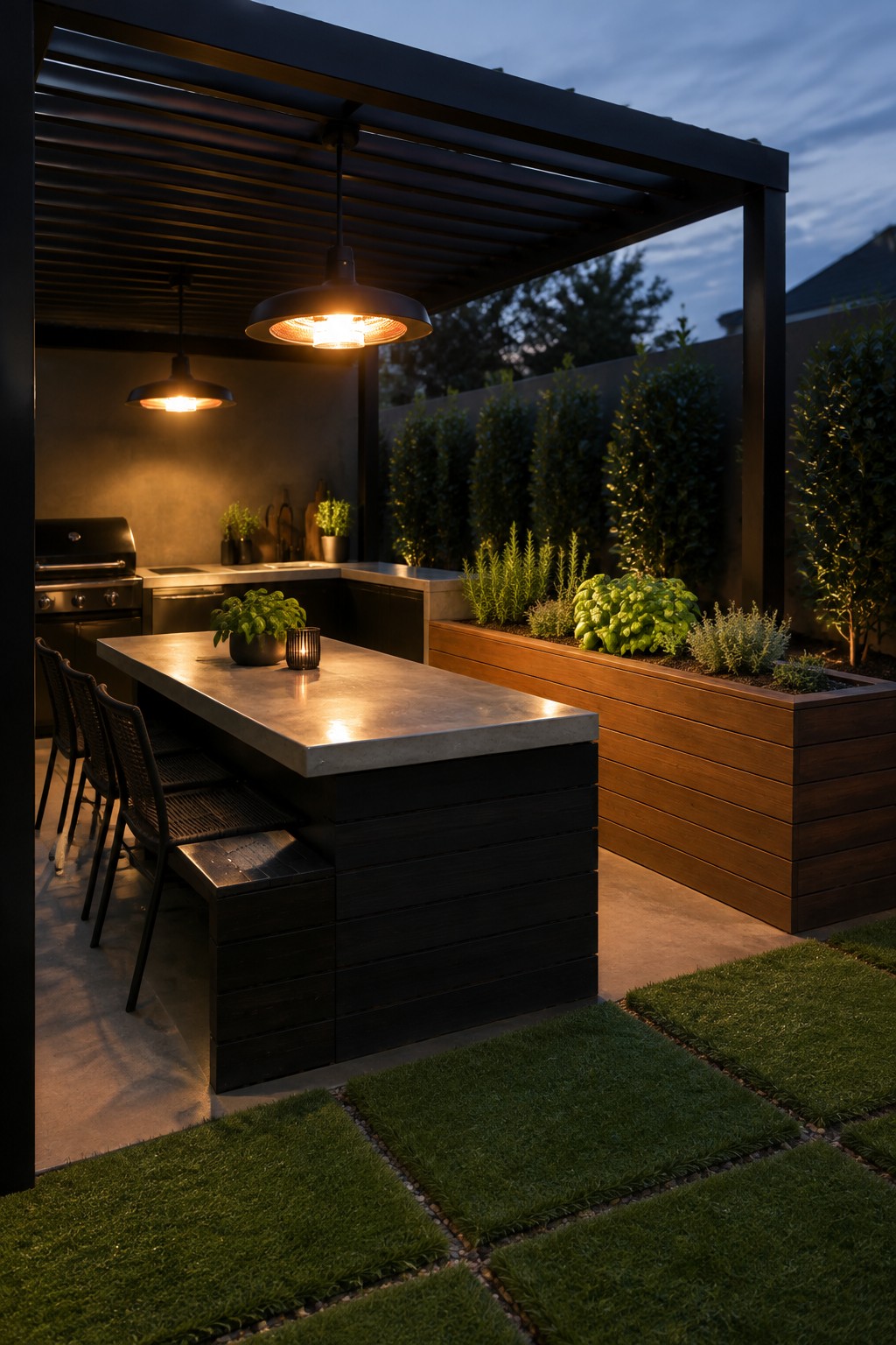 Modern outdoor kitchen island with pendant lights, bar stools, and wooden planters at dusk