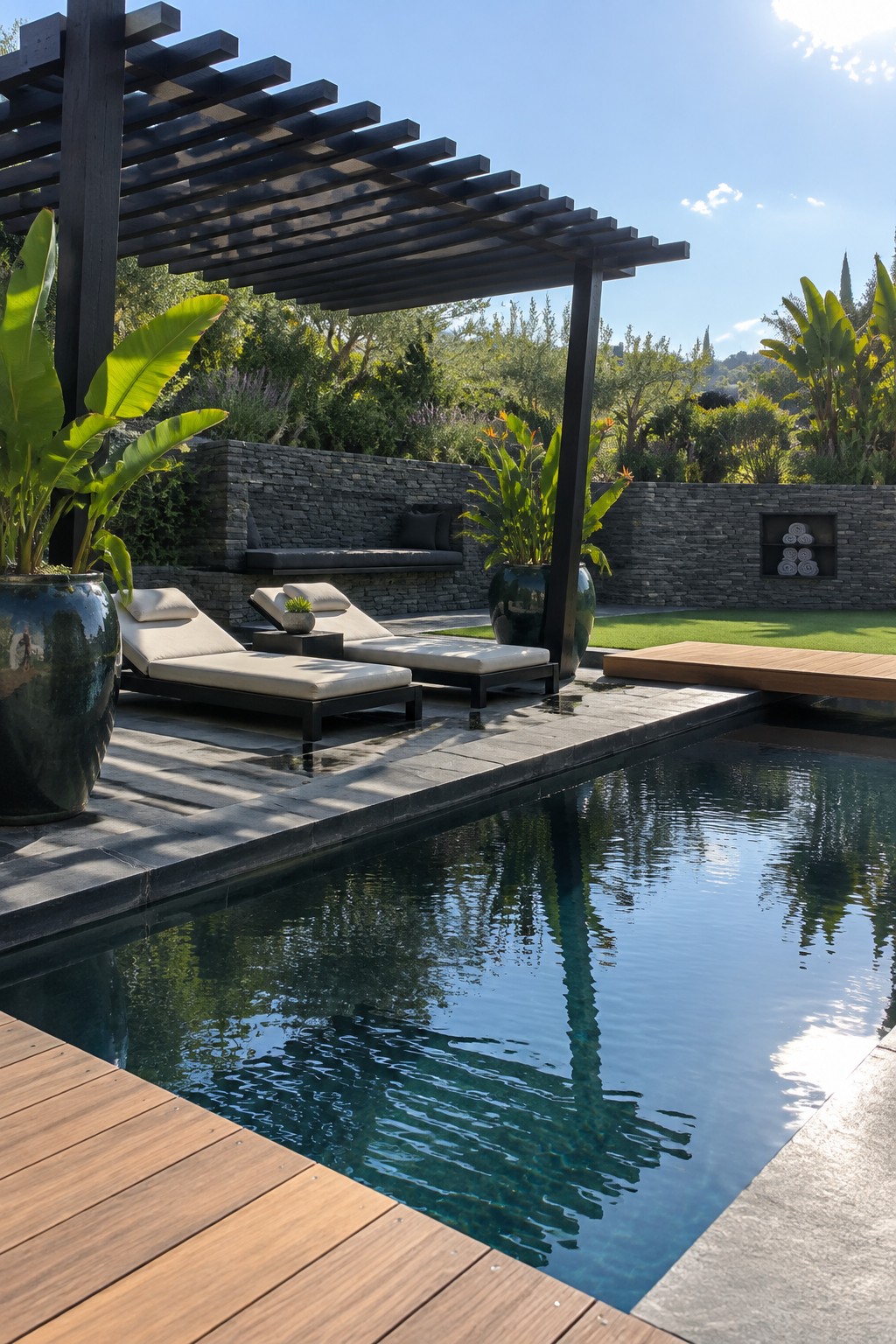 A backyard pool with a black wooden pergola shading two lounge chairs on a stone deck beside the water.