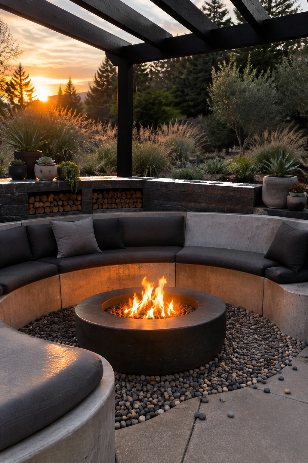 An outdoor seating area with a black wooden pergola overhead, a round metal fire pit on pebble ground cover, and curved concrete benches with dark cushions.