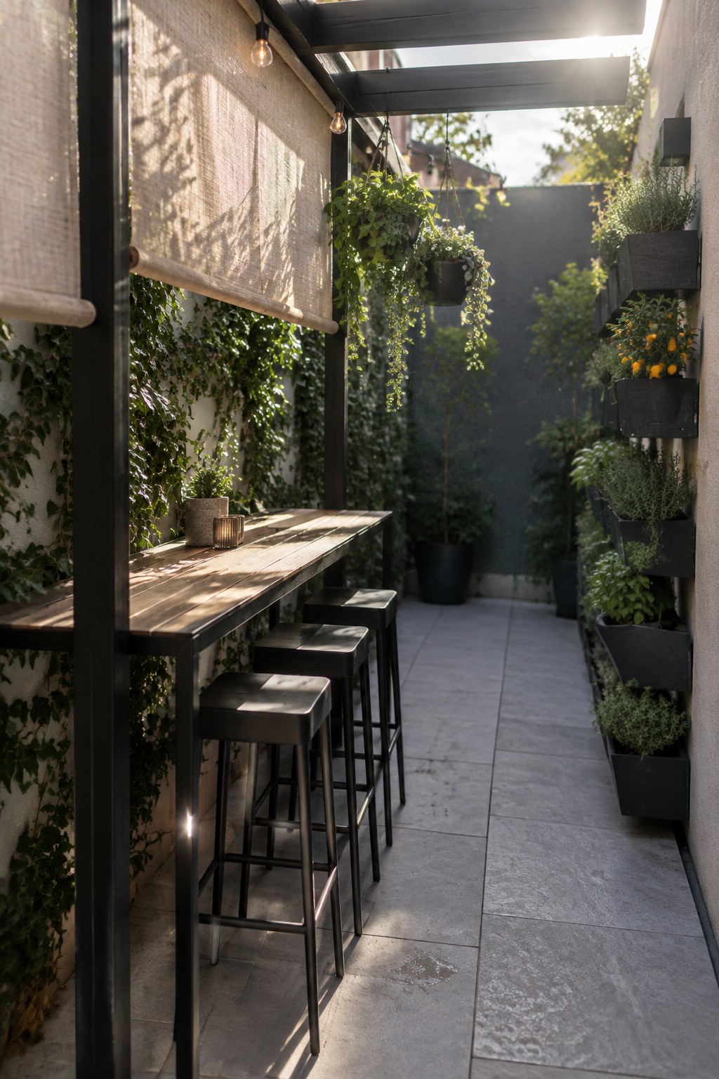 A covered outdoor seating area with a black wooden pergola, long wooden counter, black metal stools, and hanging plants along one side.