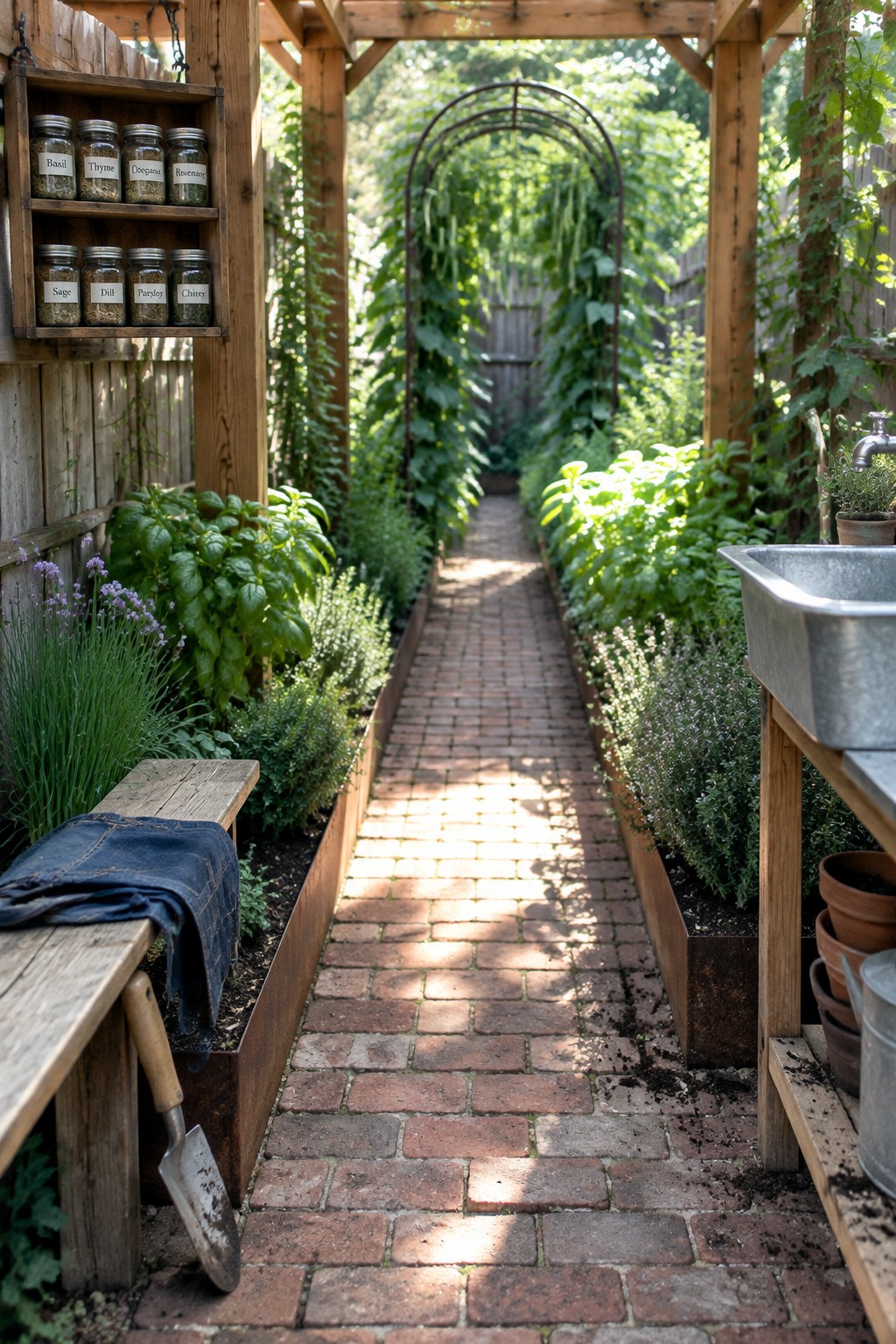 A narrow brick garden path runs beneath a wooden pergola with raised beds of herbs and plants on both sides.