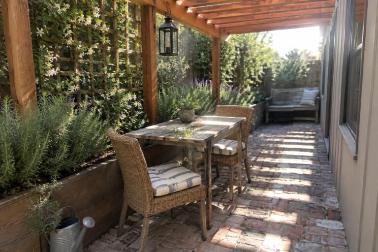 22 Practical Wooden Pergola Ideas Designed for Narrow Outdoor Spaces A wooden pergola covers a narrow brick patio with a dining table, wicker chairs, a bench, and surrounding plants.