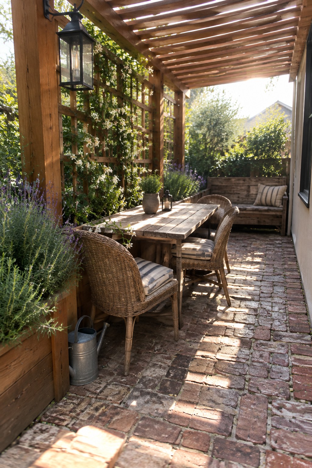 A wooden pergola covers a narrow brick patio with a dining table, wicker chairs, a bench, and surrounding plants.