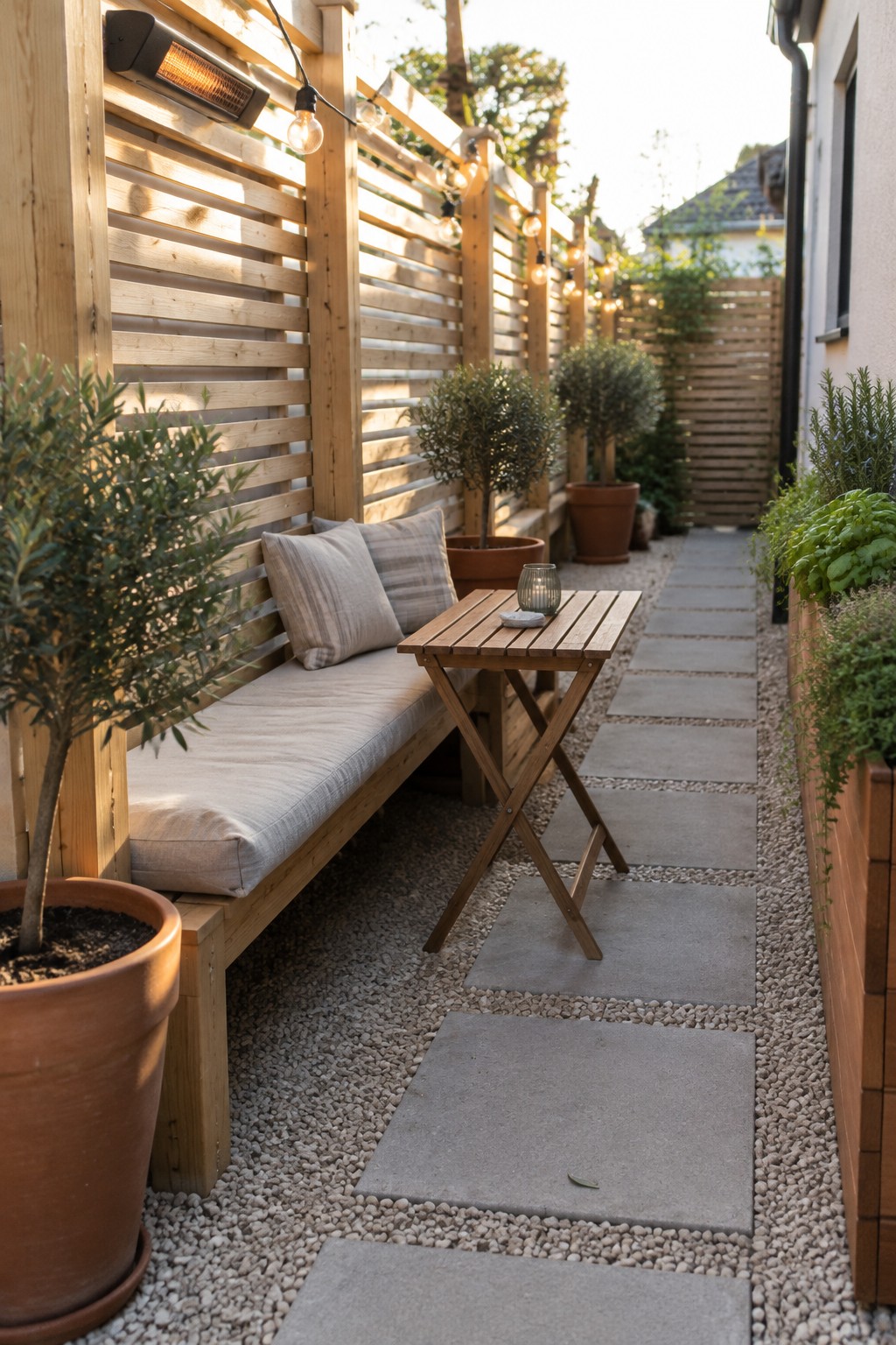A narrow outdoor seating area with a wooden slatted screen, built-in bench with cushions, small folding table, potted plants, and stone pavers set in gravel.