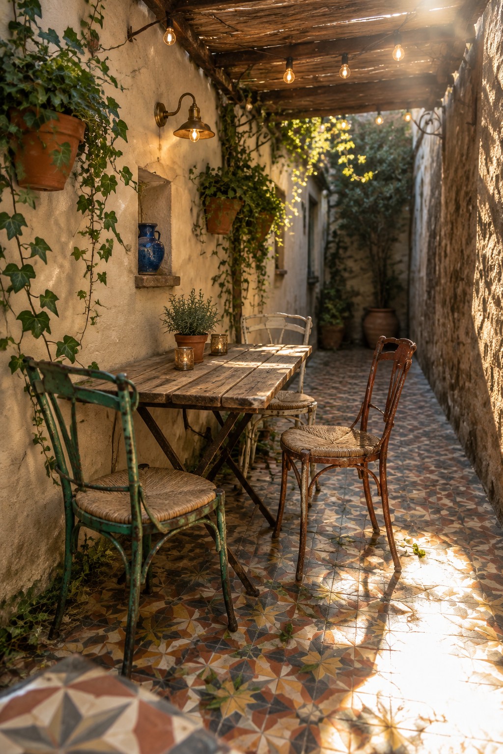 A narrow outdoor walkway with a wooden pergola overhead, a rustic wooden table and mismatched chairs on colorful tile, and potted plants along the walls.