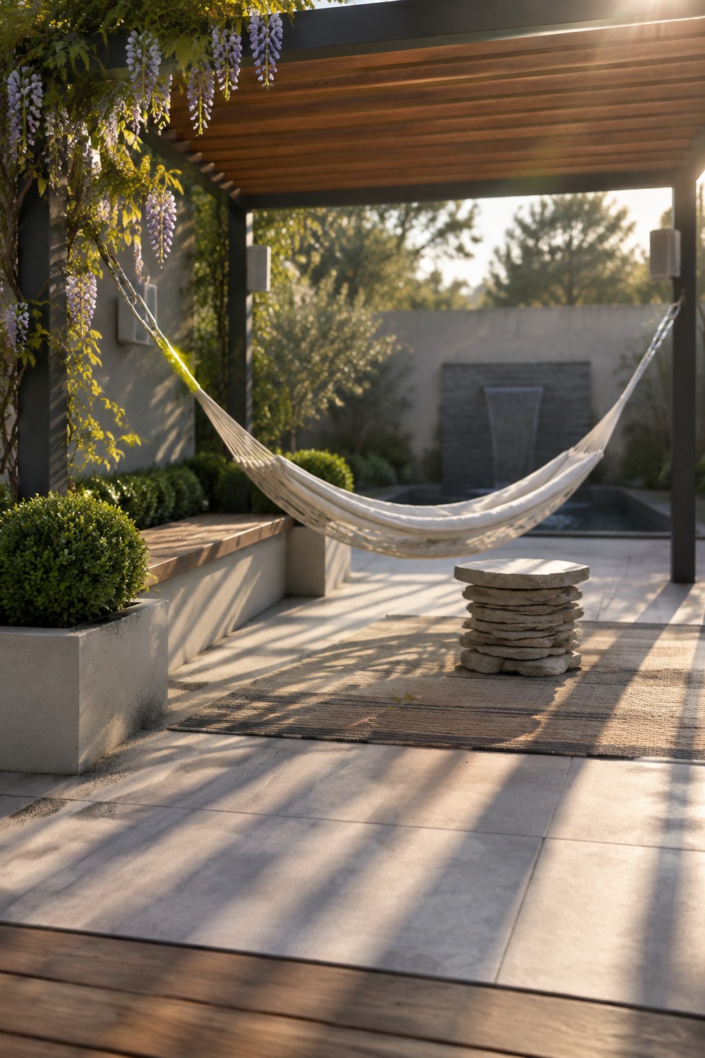A white hammock hangs beneath a modern wooden pergola on a paved patio with a stacked stone stool and potted plants nearby.