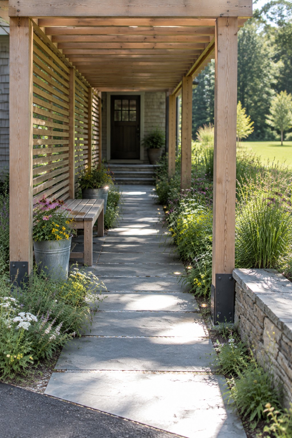 A wooden pergola with slatted side panels covers a long stone pathway leading to a house entrance, bordered by garden beds and potted plants.