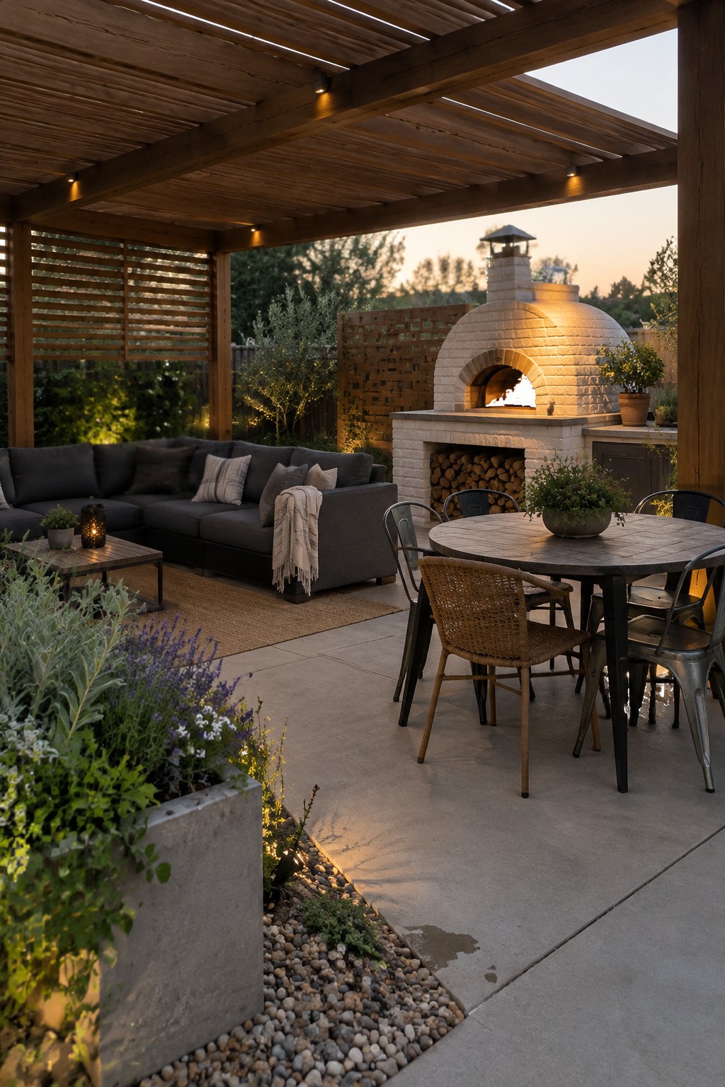 An outdoor patio under a wooden pergola with a dark sectional sofa, round dining table with metal chairs, and a stone pizza oven glowing at dusk.