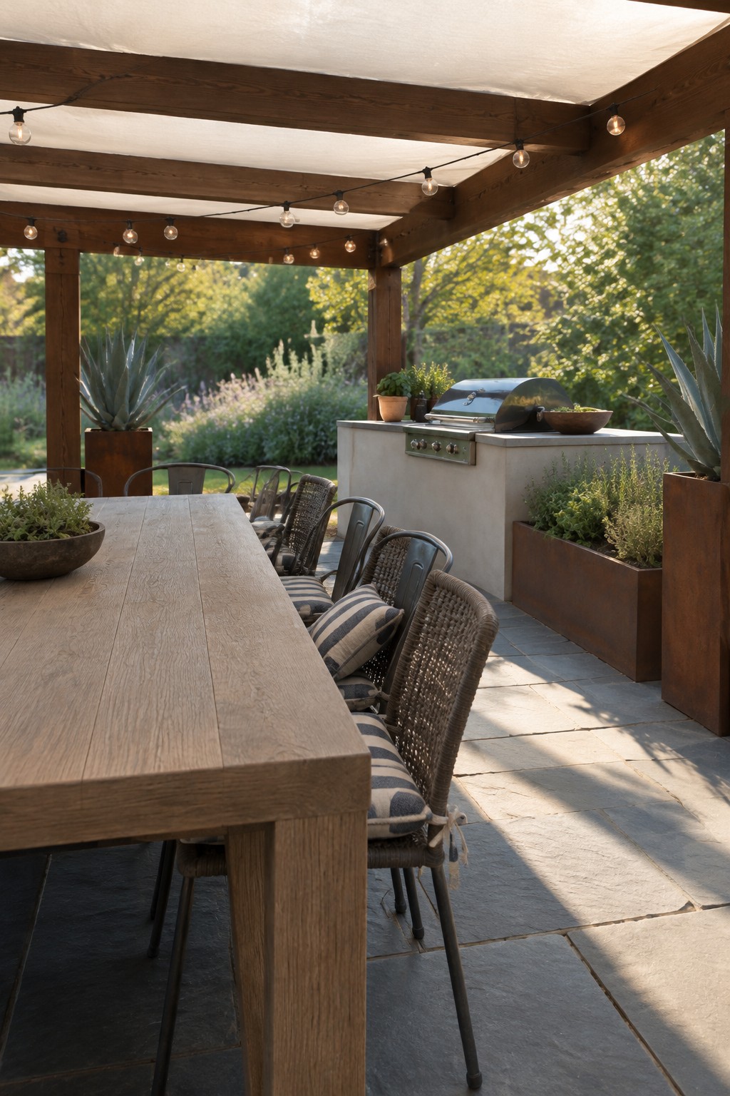 A wooden pergola with exposed beams shades a stone patio that holds a long dining table with chairs and an outdoor kitchen with a built-in grill.
