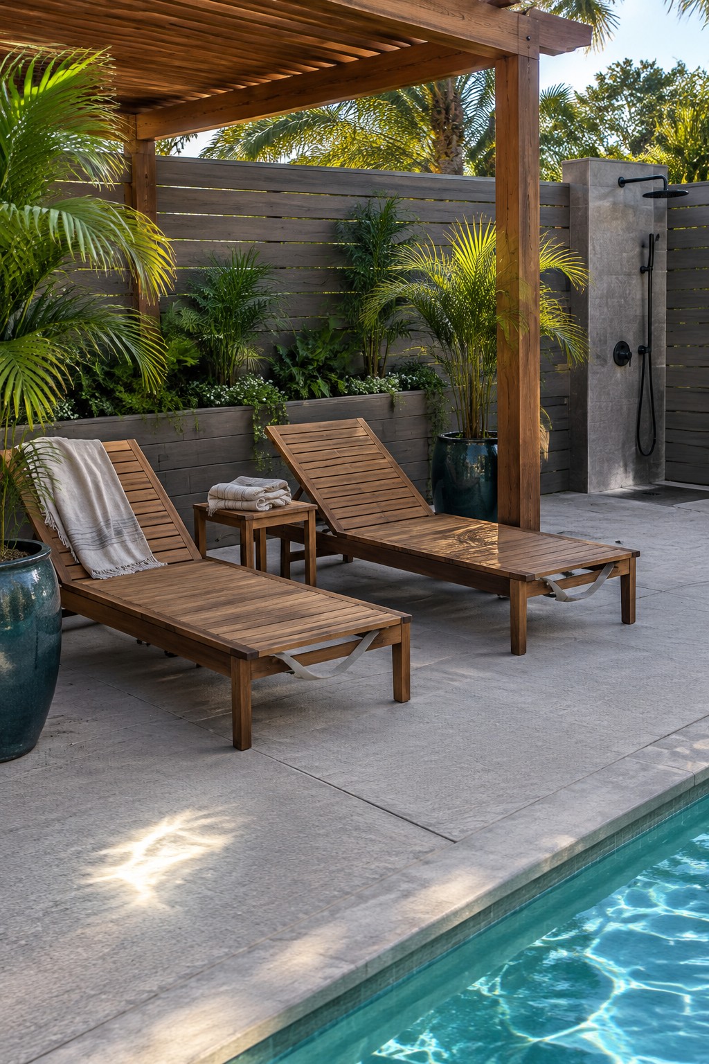 Two wooden lounge chairs rest under a wooden pergola on a concrete patio next to a swimming pool, with potted plants and a dark fence in the background.