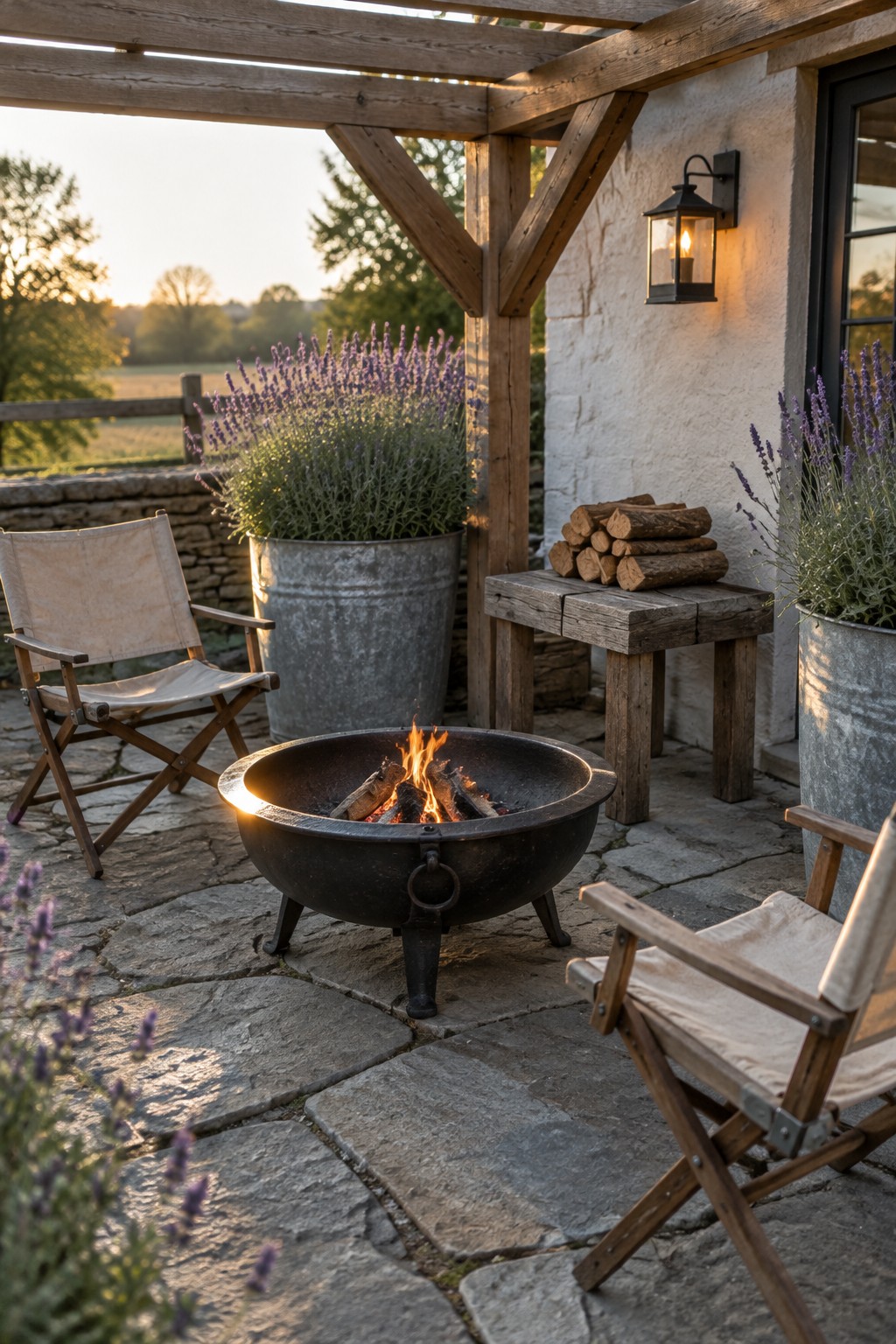 A wooden pergola spans a stone patio centered on a fire pit, with two canvas chairs, metal planters of lavender, and firewood stacked on a bench against a white wall.